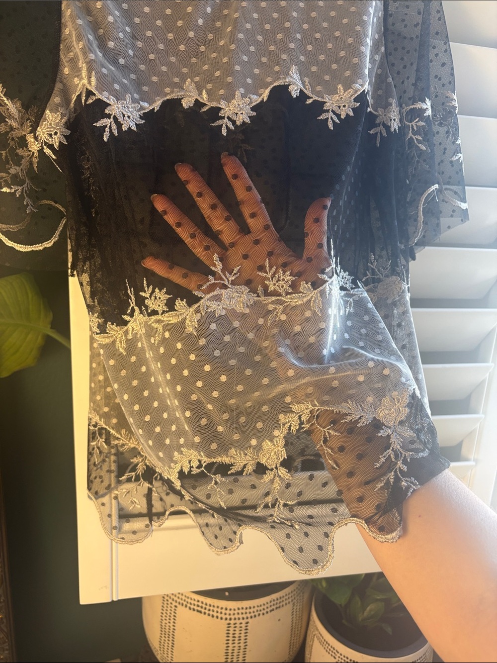 Beulah London Calling NWT Black Cream sheer Embroidered Lace Bow Blouse size M - Picture 12 of 12